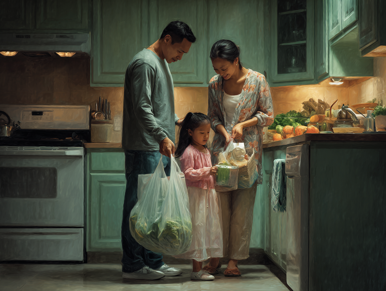 Family in a kitchen unpacking groceries