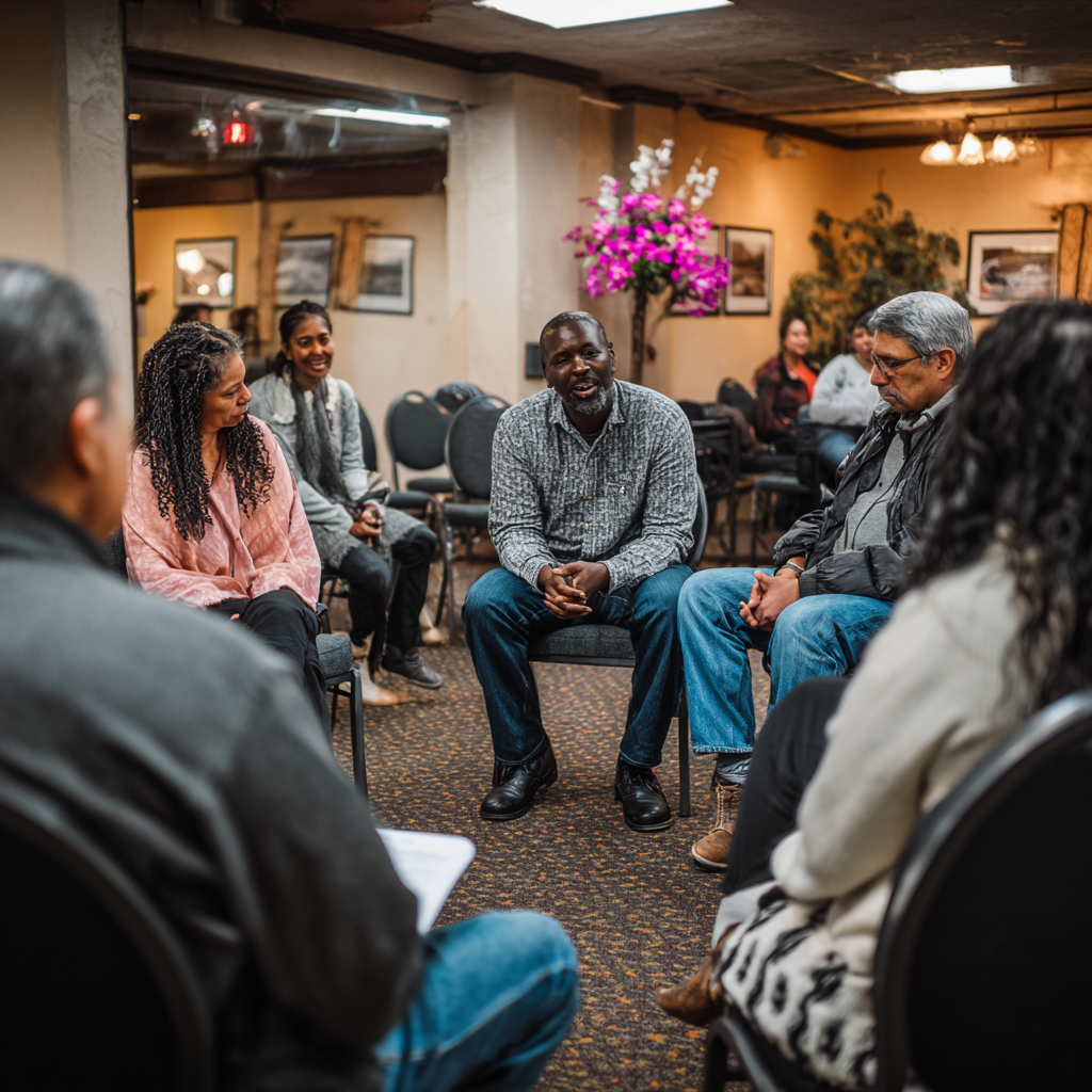Small community discussion group seated in a circle
