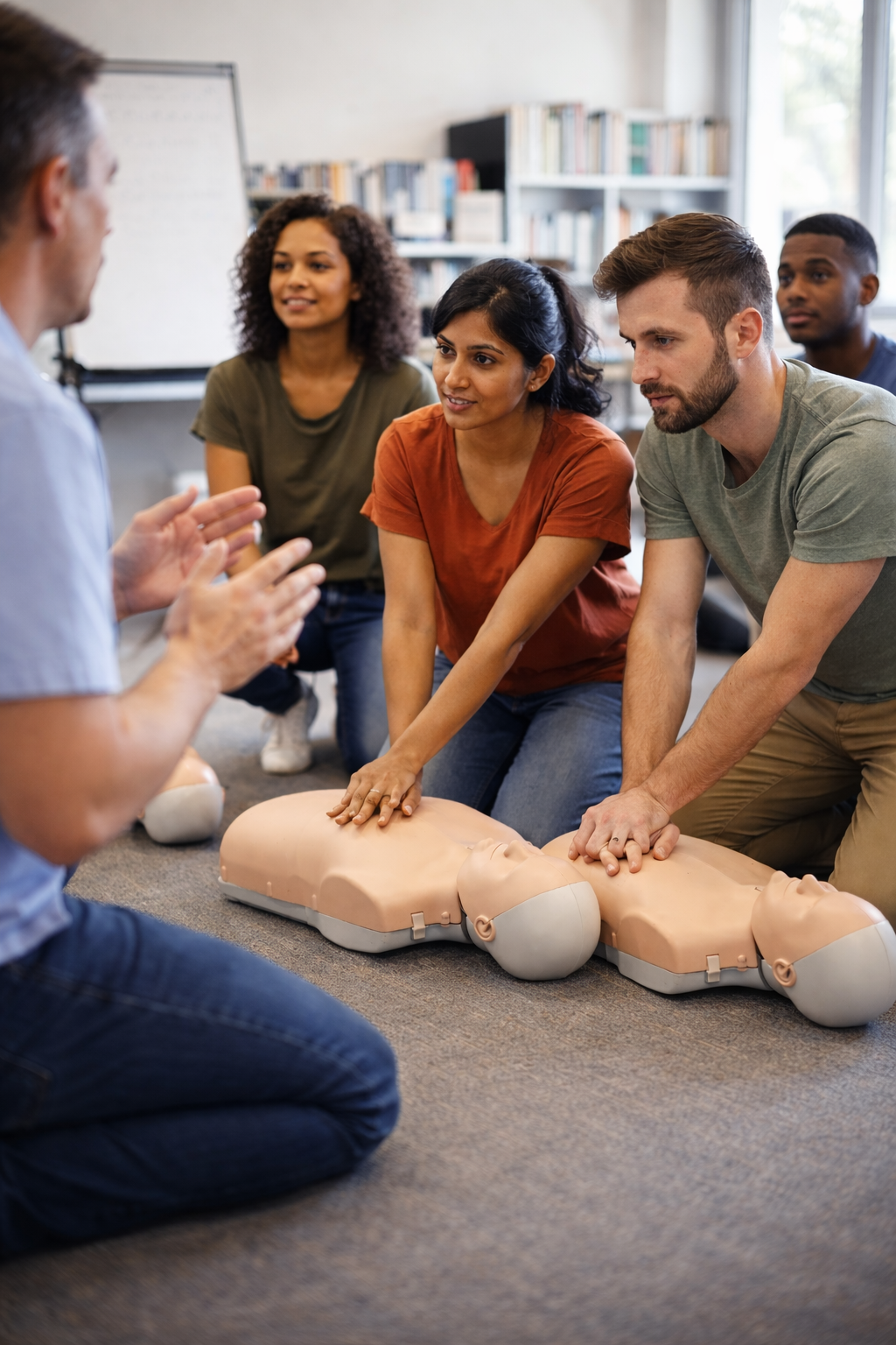 CPR training class learning chest compressions