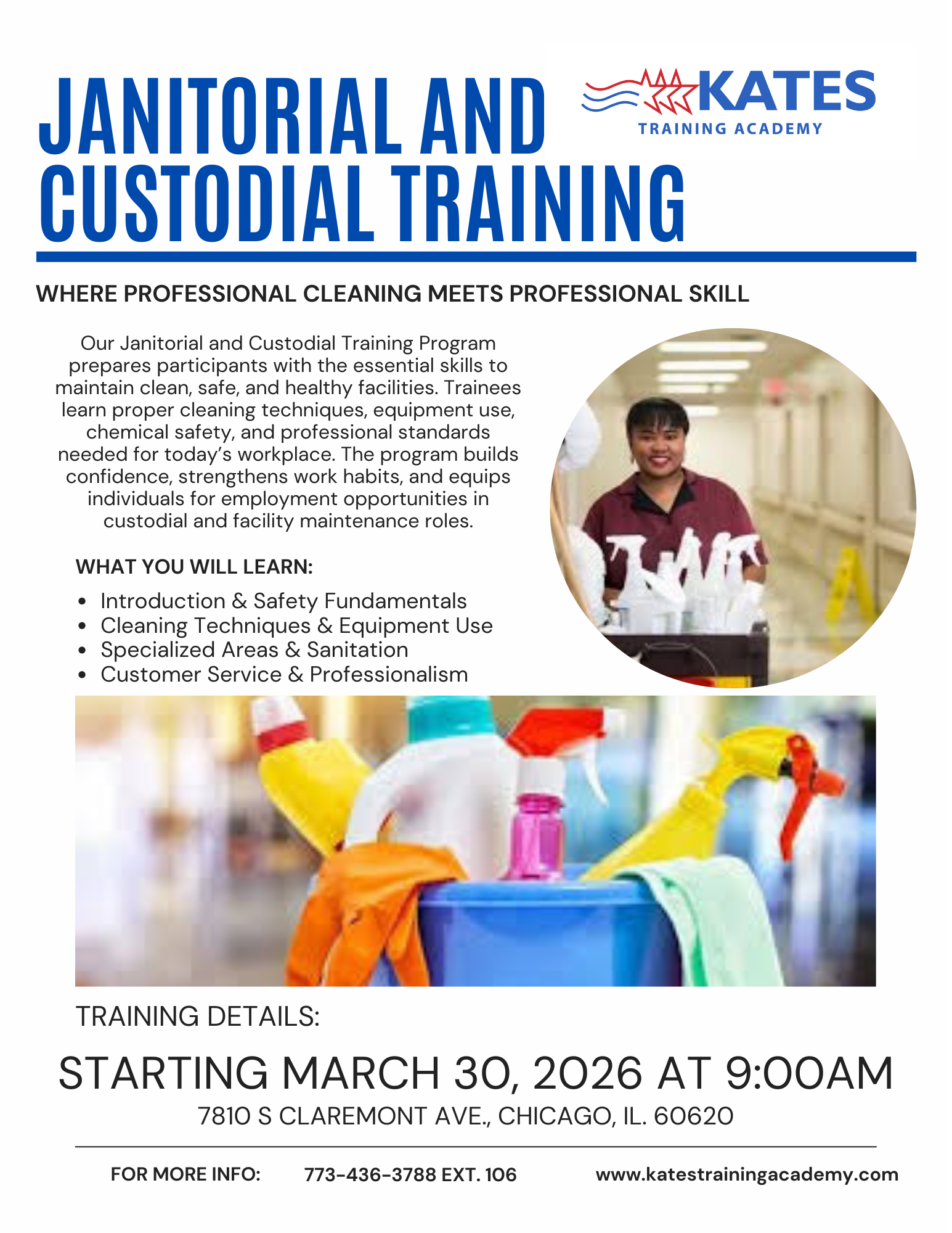 Janitorial and Custodial Training Program Flyer - Starting March 30, 2026