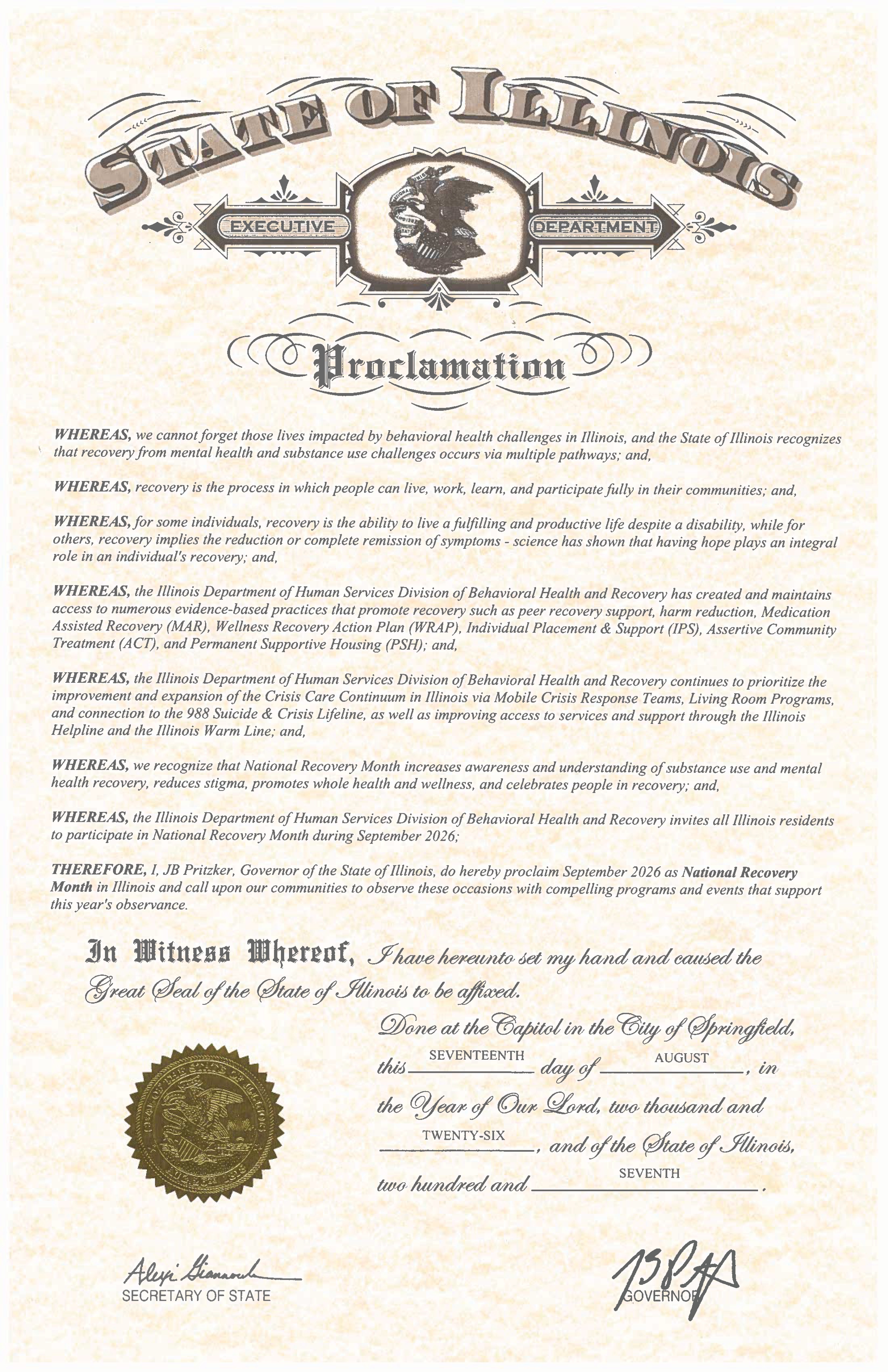 State of Illinois Proclamation signed by Governor JB Pritzker declaring September 2026 as National Recovery Month