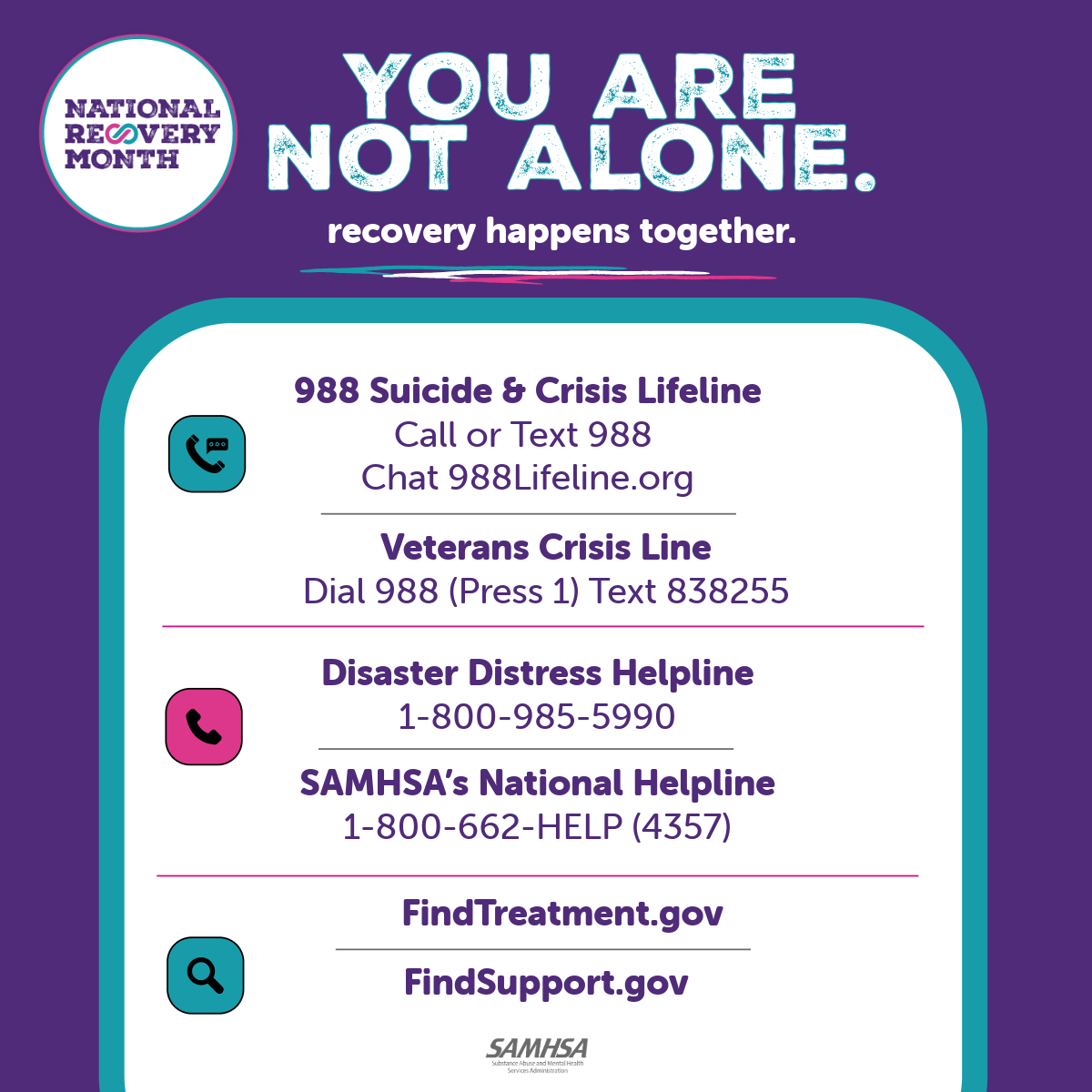 You Are Not Alone - recovery happens together. Crisis resources including the 988 Suicide and Crisis Lifeline (call or text 988, chat 988Lifeline.org), Veterans Crisis Line (dial 988 press 1, text 838255), Disaster Distress Helpline 1-800-985-5990, SAMHSA's National Helpline 1-800-662-HELP (4357), FindTreatment.gov, and FindSupport.gov