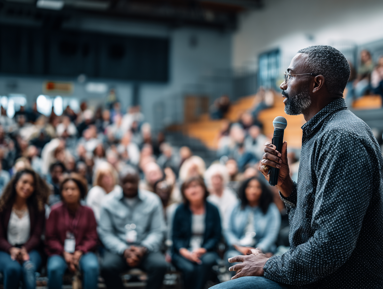 Speaker addressing trainees at Kates Training Academy